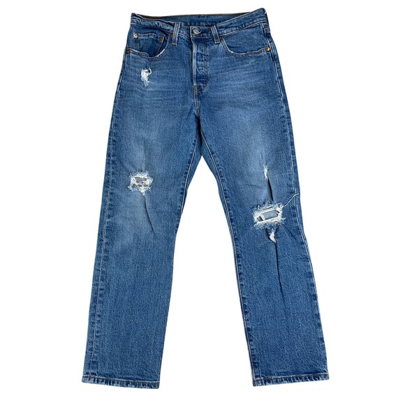 Levi's 501 Light Wash Button Fly Women's Distressed Blue Jeans sz 27 (W27xL26) - Picture 1 of 9